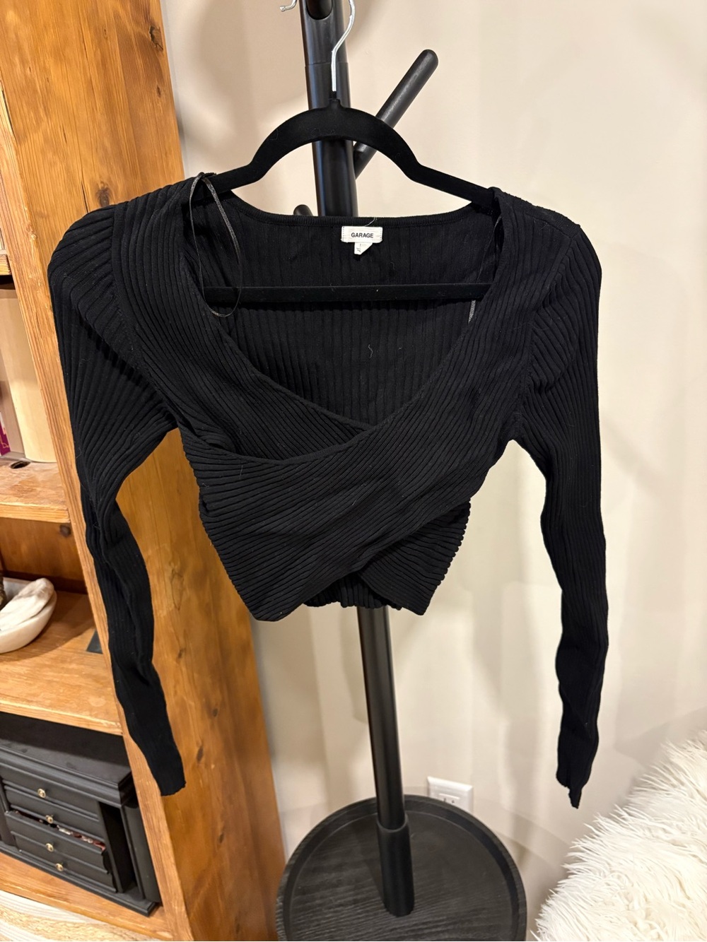Garage Black Ribbed Wrap Crop Long-Sleeve Top